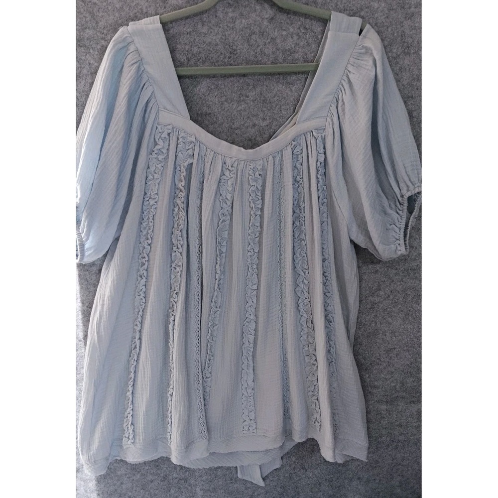 Women's NWT Large Blue Puff Sleeve Babydoll Peasant Top Gauzy Vertical Ruffles